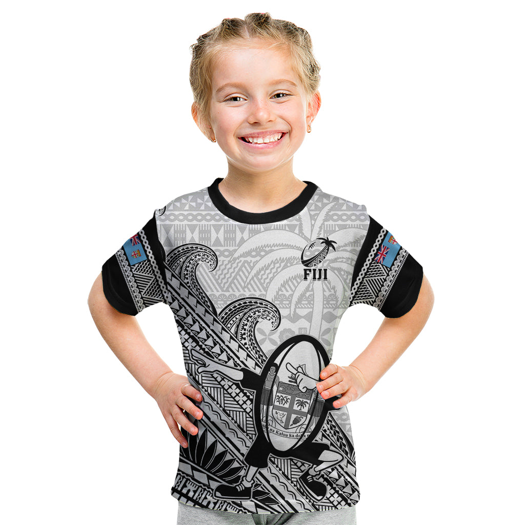 Custom Fiji Tapa Rugby Kid T Shirt Flying Fijian 2023 World Cup With Dabbing Ball LT14 White - Polynesian Pride