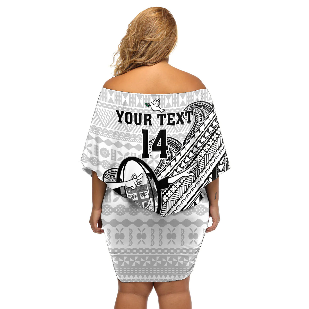 Custom Fiji Tapa Rugby Off Shoulder Short Dress Flying Fijian 2023 World Cup With Dabbing Ball LT14 - Polynesian Pride