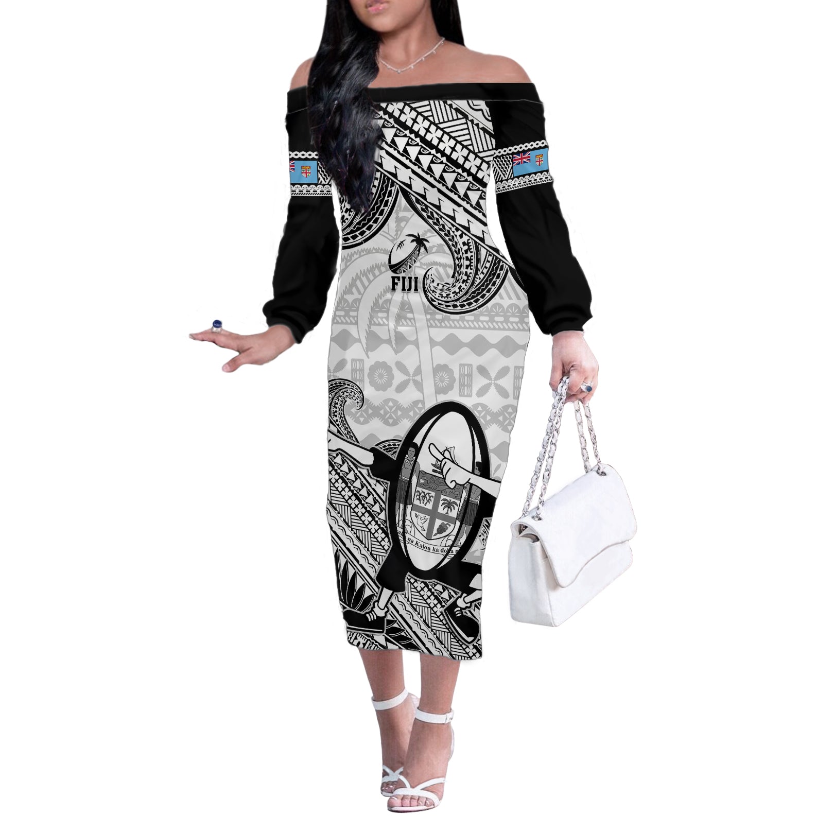 Custom Fiji Tapa Rugby Off The Shoulder Long Sleeve Dress Flying Fijian 2023 World Cup With Dabbing Ball LT14 Women White - Polynesian Pride