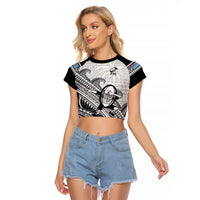 Custom Fiji Tapa Rugby Raglan Cropped T Shirt Flying Fijian 2023 World Cup With Dabbing Ball LT14 Female White - Polynesian Pride