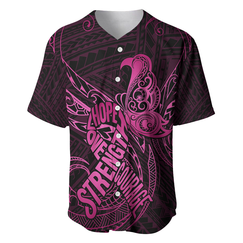 Polynesia Breast Cancer Awareness Baseball Jersey No One Fights Alone Pink Ribbon With Butterfly LT14 Pink - Polynesian Pride