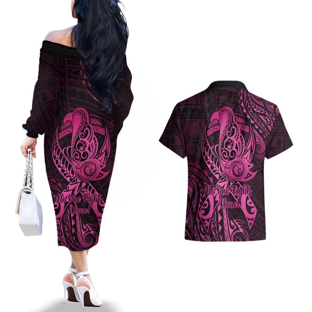 Polynesia Breast Cancer Awareness Couples Matching Off The Shoulder Long Sleeve Dress and Hawaiian Shirt No One Fights Alone Pink Ribbon With Butterfly LT14 - Polynesian Pride
