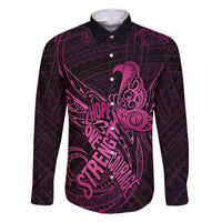 Polynesia Breast Cancer Awareness Family Matching Off Shoulder Long Sleeve Dress and Hawaiian Shirt No One Fights Alone Pink Ribbon With Butterfly LT14 Dad's Shirt - Long Sleeve Pink - Polynesian Pride