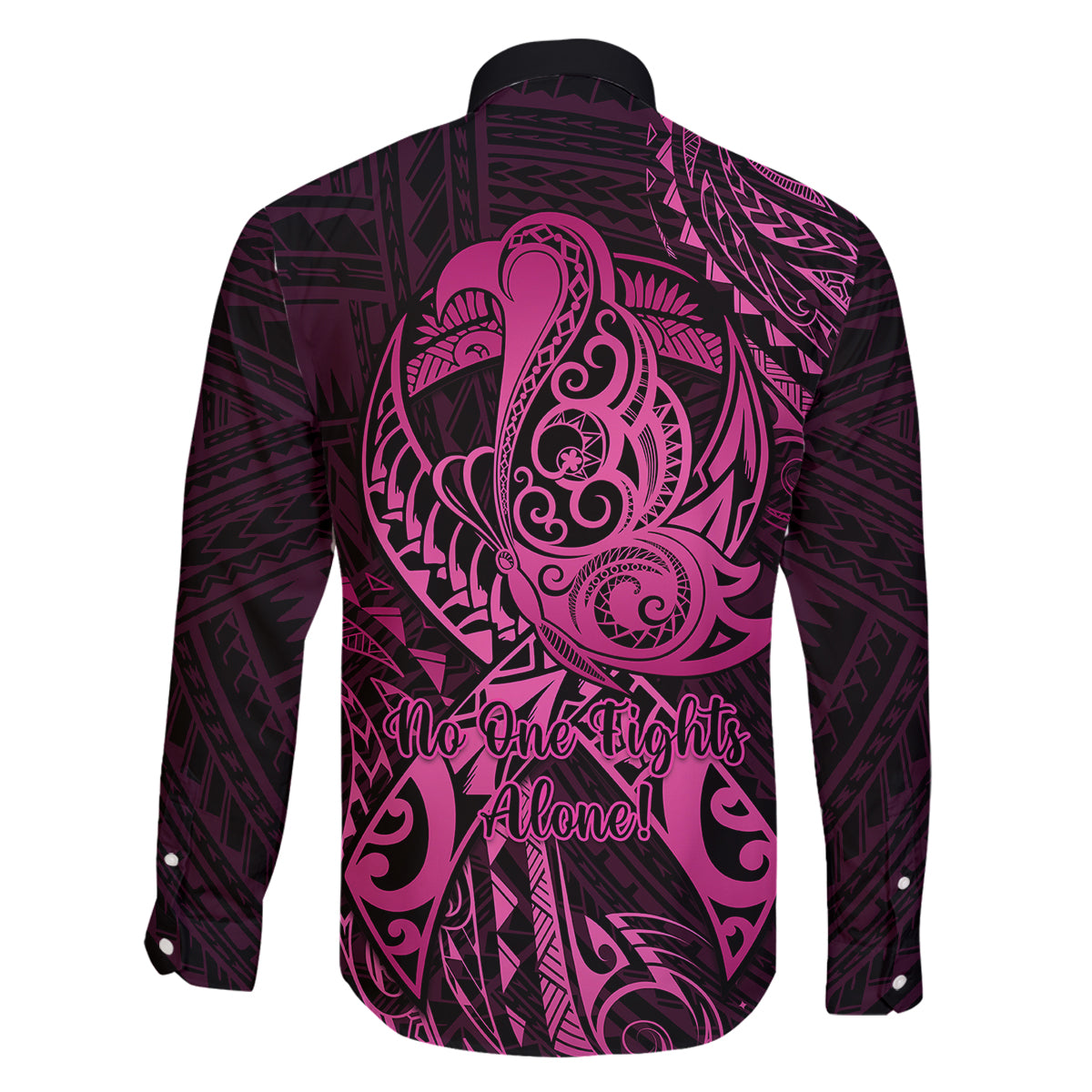 Polynesia Breast Cancer Awareness Family Matching Off Shoulder Long Sleeve Dress and Hawaiian Shirt No One Fights Alone Pink Ribbon With Butterfly LT14 - Polynesian Pride