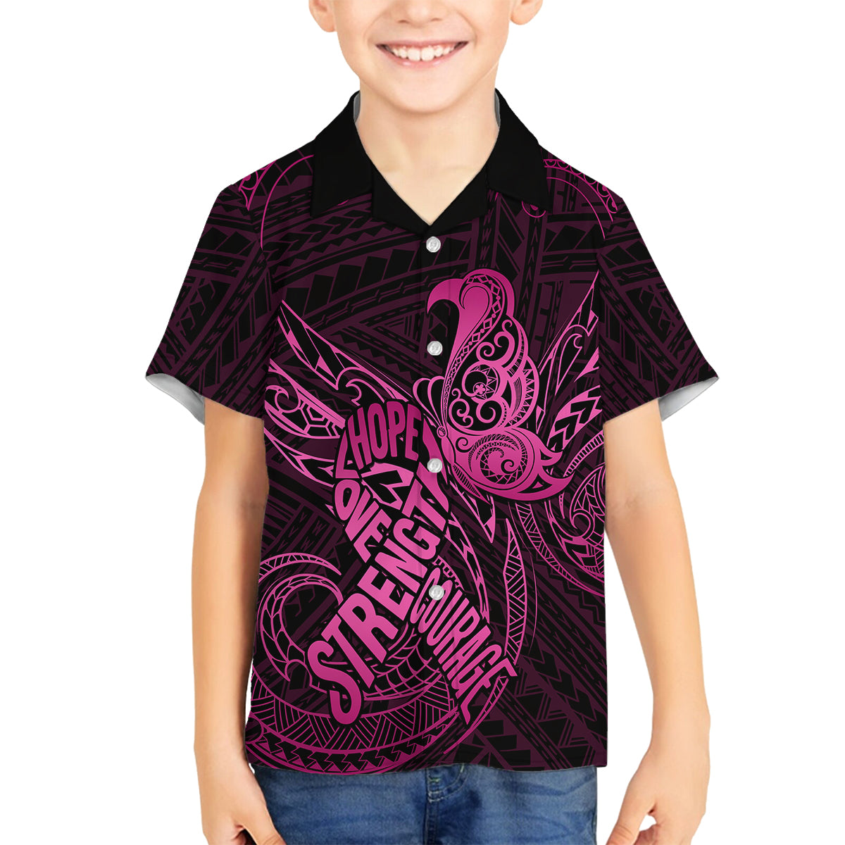 Polynesia Breast Cancer Awareness Family Matching Off Shoulder Short Dress and Hawaiian Shirt No One Fights Alone Pink Ribbon With Butterfly LT14 Son's Shirt Pink - Polynesian Pride
