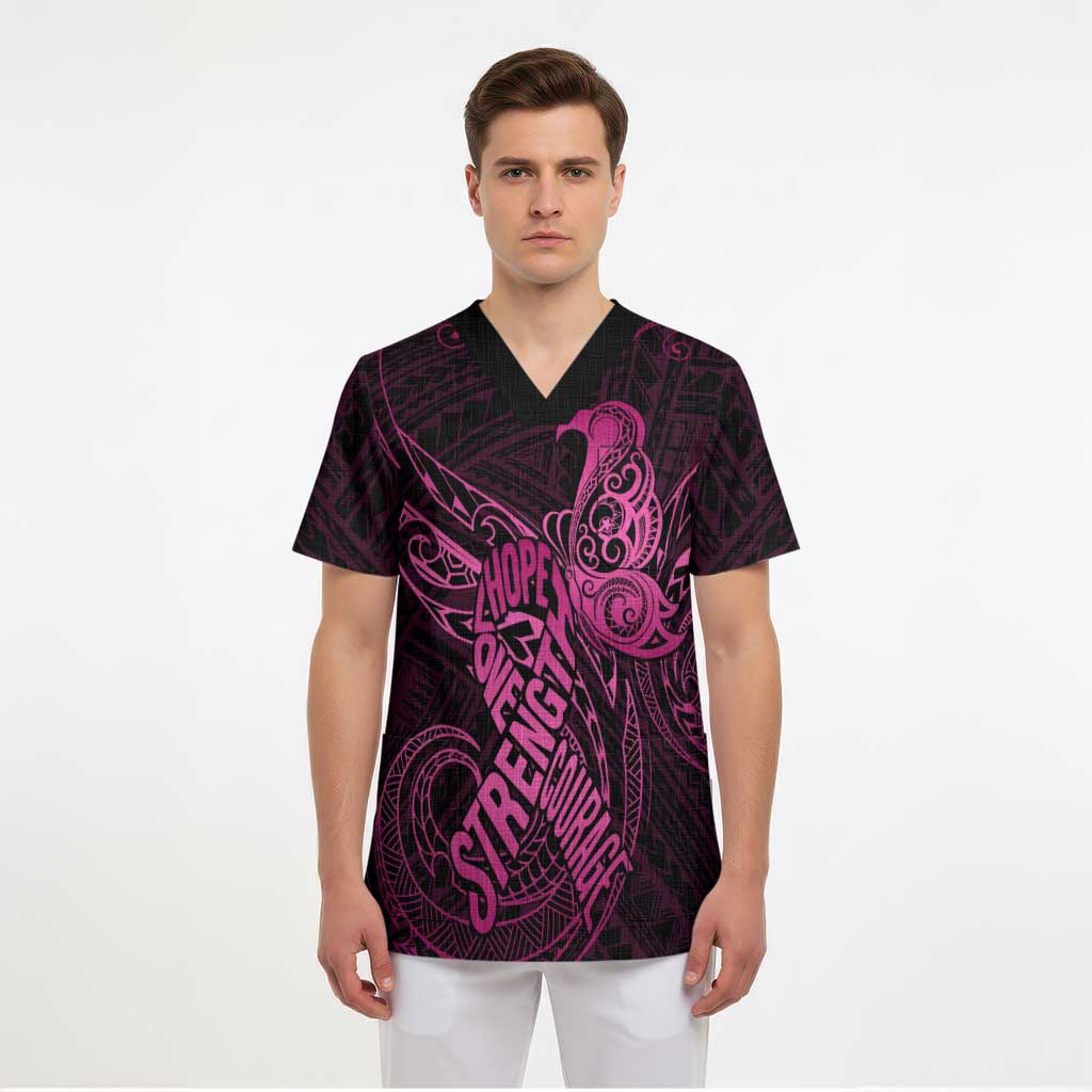 Polynesia Breast Cancer Awareness Scrub Top No One Fights Alone Pink Ribbon With Butterfly - Polynesian Pride