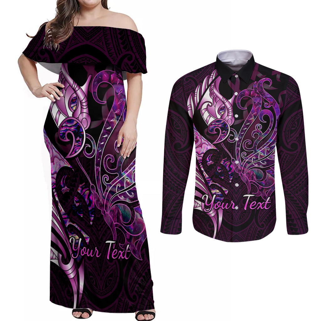 Personalised New Zealand Breast Cancer Couples Matching Off Shoulder Maxi Dress and Long Sleeve Button Shirts Fight Like A Girl Pink Manaia Fern With Paua Shell LT14 Pink - Polynesian Pride
