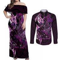 Personalised New Zealand Breast Cancer Couples Matching Off Shoulder Maxi Dress and Long Sleeve Button Shirts Fight Like A Girl Pink Manaia Fern With Paua Shell LT14 Pink - Polynesian Pride