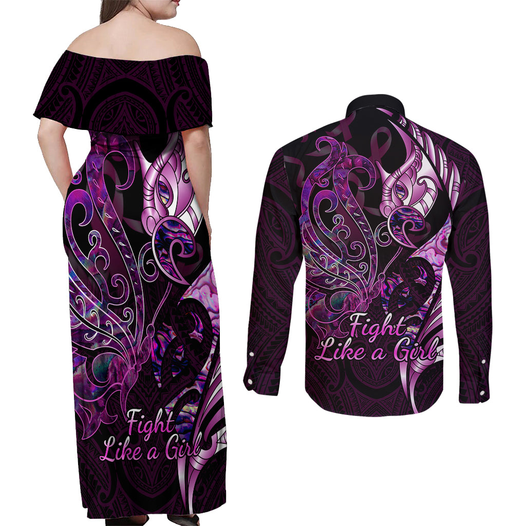 Personalised New Zealand Breast Cancer Couples Matching Off Shoulder Maxi Dress and Long Sleeve Button Shirts Fight Like A Girl Pink Manaia Fern With Paua Shell LT14 - Polynesian Pride