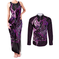 Personalised New Zealand Breast Cancer Couples Matching Tank Maxi Dress and Long Sleeve Button Shirts Fight Like A Girl Pink Manaia Fern With Paua Shell LT14 Pink - Polynesian Pride