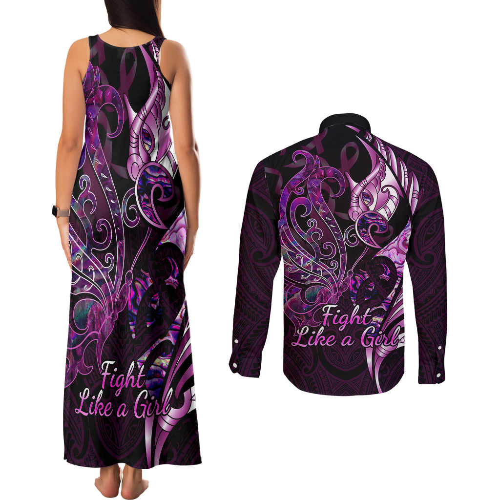 Personalised New Zealand Breast Cancer Couples Matching Tank Maxi Dress and Long Sleeve Button Shirts Fight Like A Girl Pink Manaia Fern With Paua Shell LT14 - Polynesian Pride
