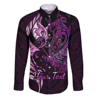 Personalised New Zealand Breast Cancer Family Matching Long Sleeve Bodycon Dress and Hawaiian Shirt Fight Like A Girl Pink Manaia Fern With Paua Shell LT14 Dad's Shirt - Long Sleeve Pink - Polynesian Pride