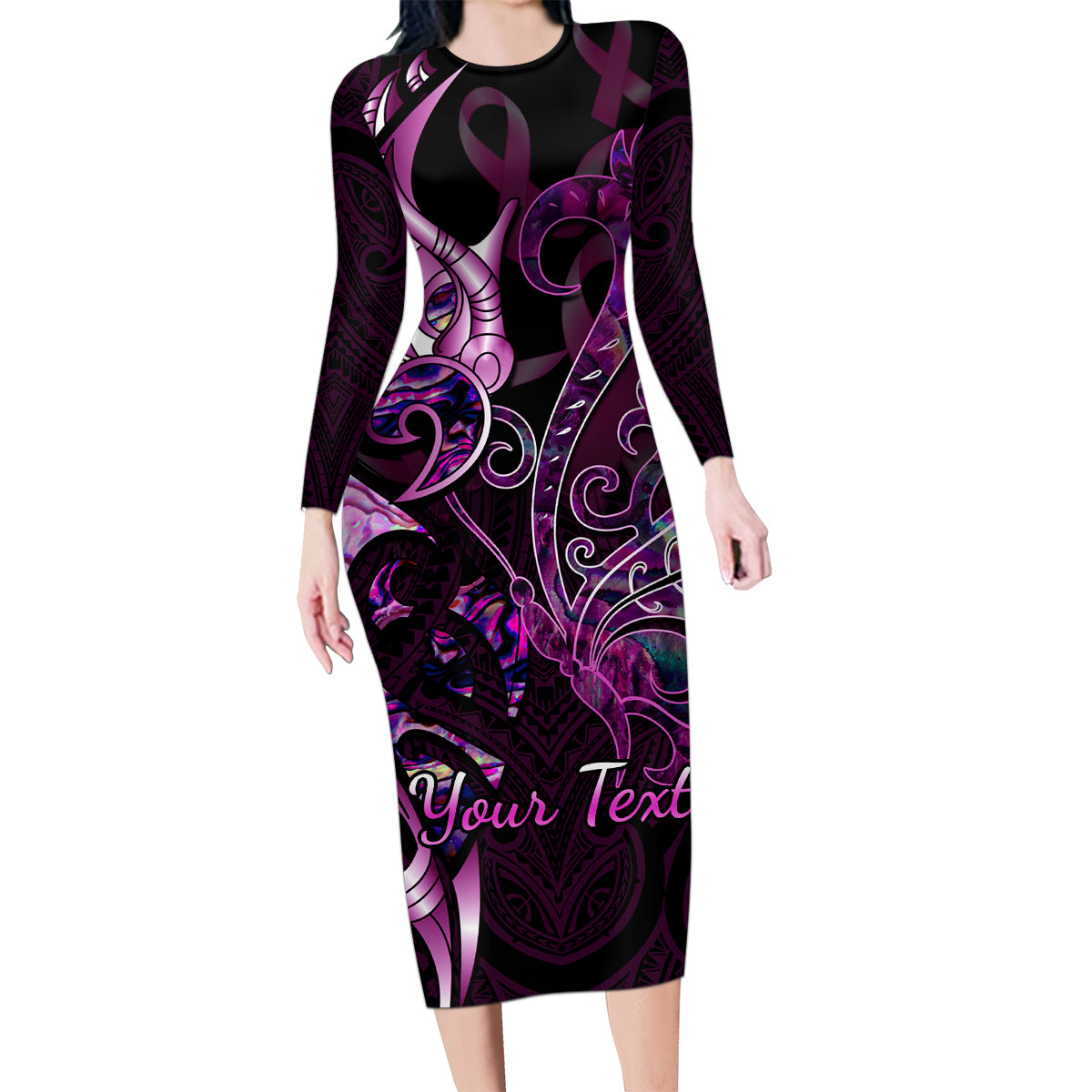 Personalised New Zealand Breast Cancer Family Matching Long Sleeve Bodycon Dress and Hawaiian Shirt Fight Like A Girl Pink Manaia Fern With Paua Shell LT14 Mom's Dress Pink - Polynesian Pride