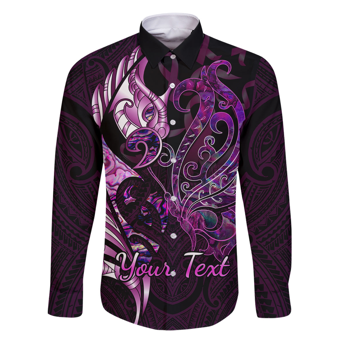 Personalised New Zealand Breast Cancer Family Matching Puletasi Dress and Hawaiian Shirt Fight Like A Girl Pink Manaia Fern With Paua Shell LT14 Dad's Shirt - Long Sleeve Pink - Polynesian Pride