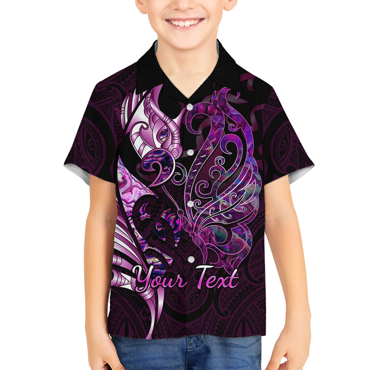 Personalised New Zealand Breast Cancer Family Matching Short Sleeve Bodycon Dress and Hawaiian Shirt Fight Like A Girl Pink Manaia Fern With Paua Shell LT14 Son's Shirt Pink - Polynesian Pride