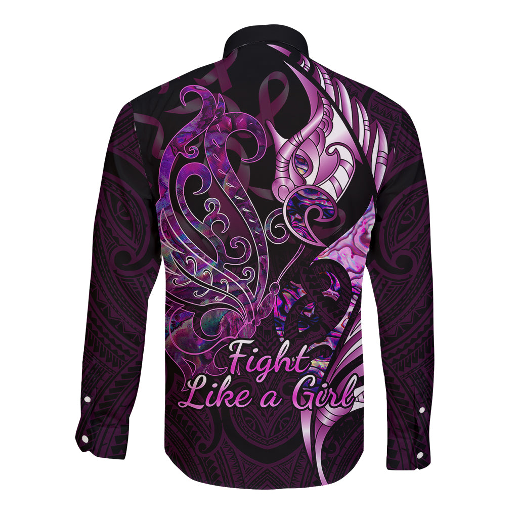 Personalised New Zealand Breast Cancer Long Sleeve Button Shirt Fight Like A Girl Pink Manaia Fern With Paua Shell LT14 - Polynesian Pride