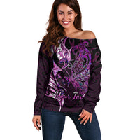 Personalised New Zealand Breast Cancer Off Shoulder Sweater Fight Like A Girl Pink Manaia Fern With Paua Shell LT14 Women Pink - Polynesian Pride