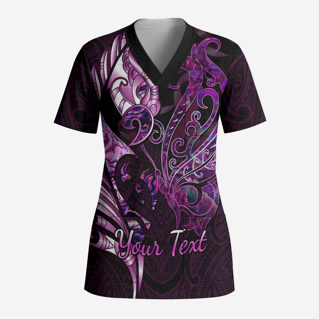 Personalised New Zealand Breast Cancer Scrub Top Fight Like A Girl Pink Manaia Fern With Paua Shell - Polynesian Pride