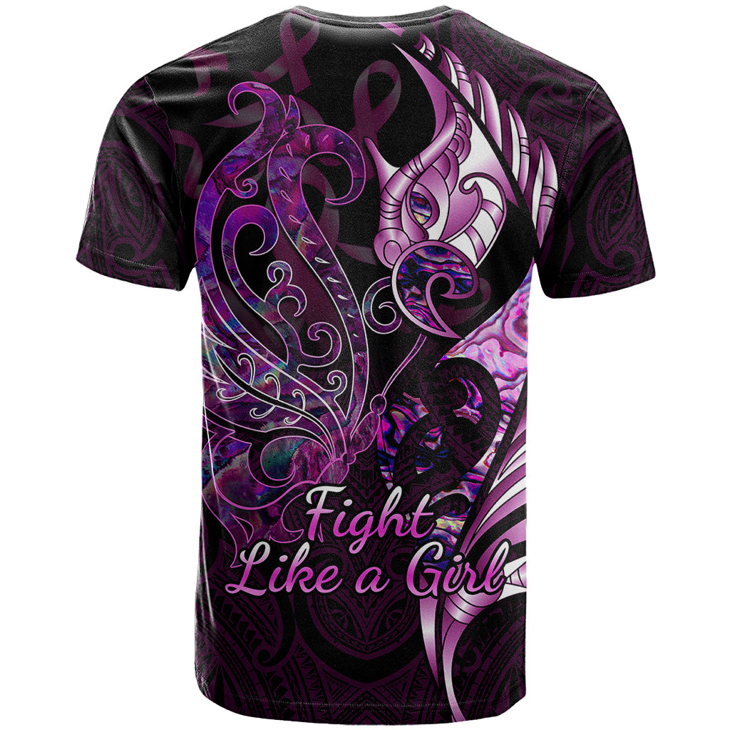 Personalised New Zealand Breast Cancer T Shirt Fight Like A Girl Pink Manaia Fern With Paua Shell LT14 - Polynesian Pride