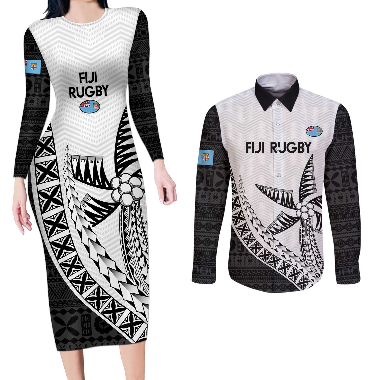 Custom Fiji Rugby Couples Matching Long Sleeve Bodycon Dress and Long Sleeve Button Shirt Go Champions Fijian Tapa Cloth LT14 White - Polynesian Pride
