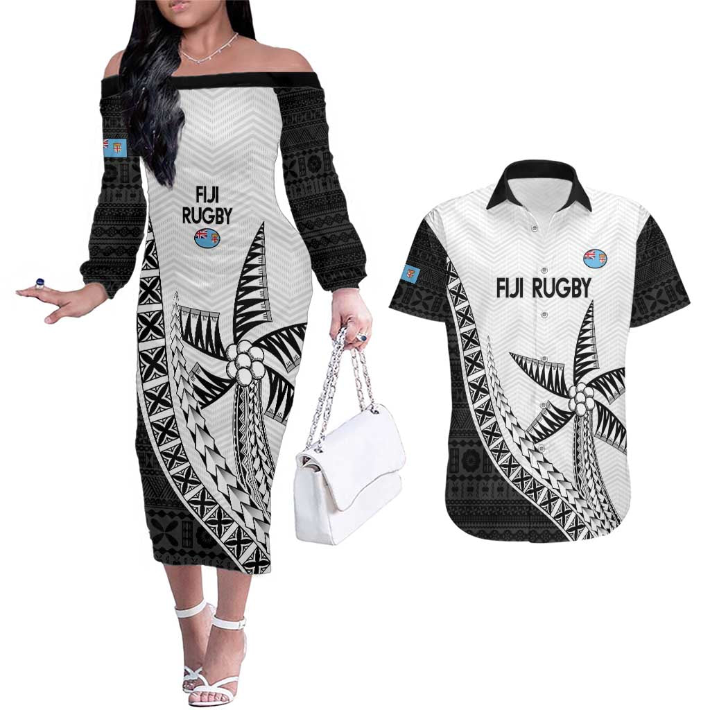 Custom Fiji Rugby Couples Matching Off The Shoulder Long Sleeve Dress and Hawaiian Shirt Go Champions Fijian Tapa Cloth LT14 White - Polynesian Pride