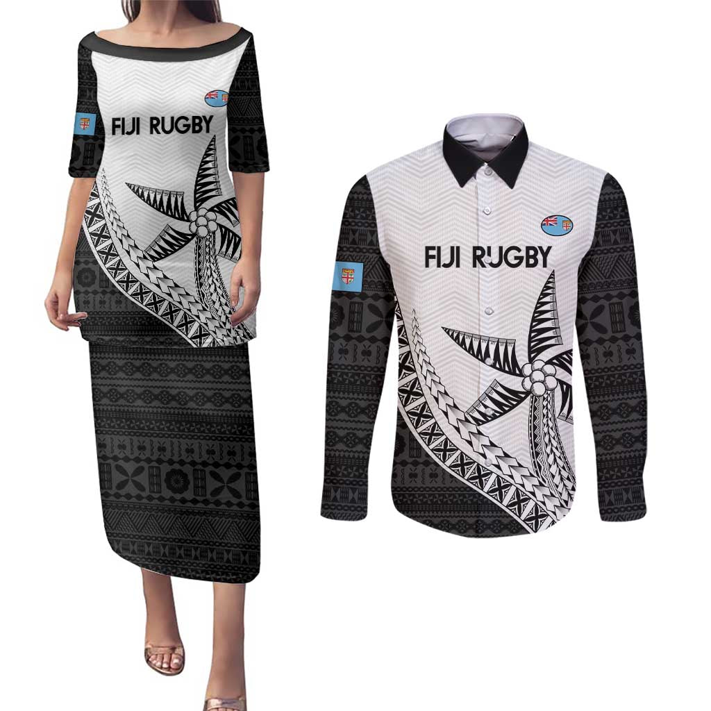 Custom Fiji Rugby Couples Matching Puletasi and Long Sleeve Button Shirt Go Champions Fijian Tapa Cloth