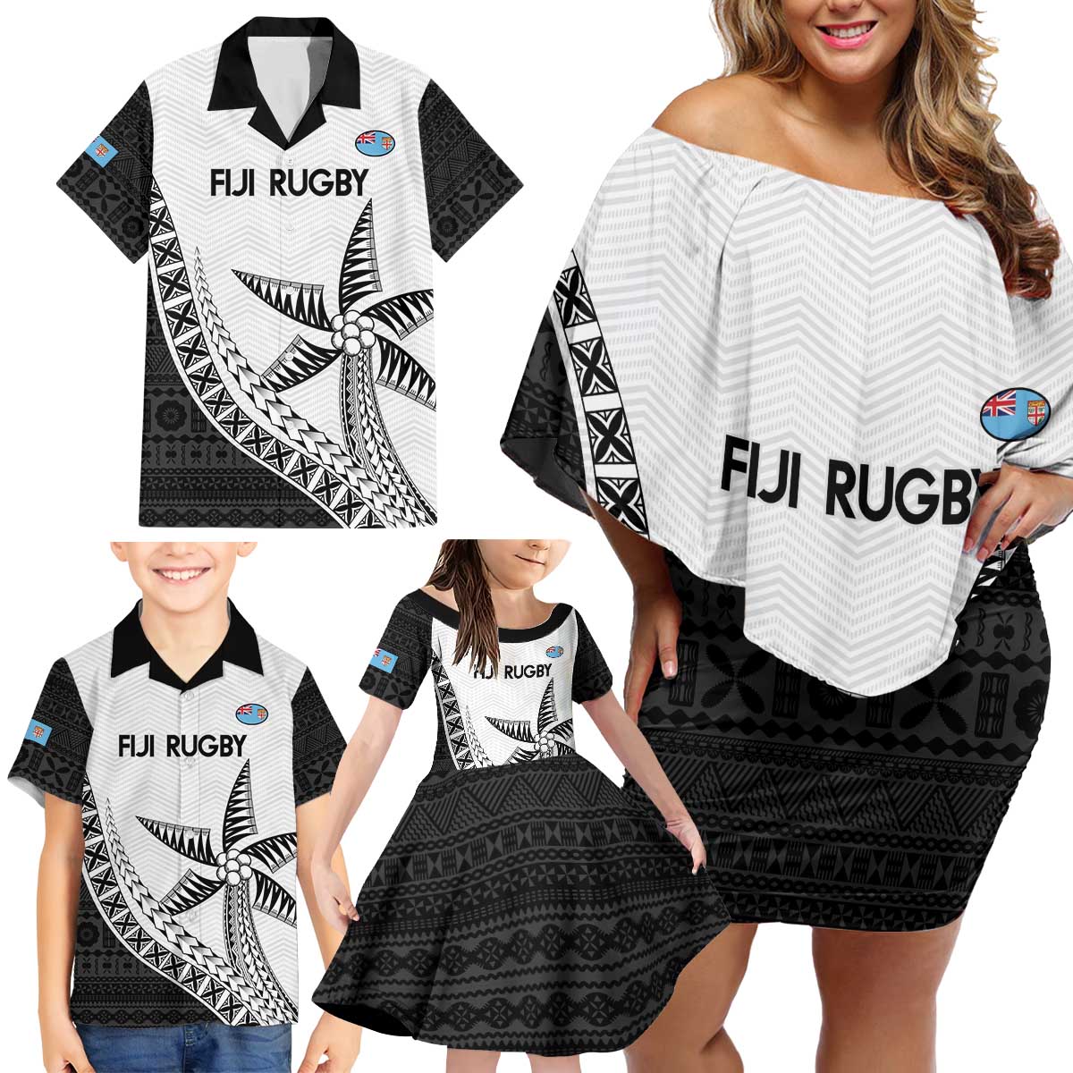 Custom Fiji Rugby Family Matching Off Shoulder Short Dress and Hawaiian Shirt Go Champions Fijian Tapa Cloth