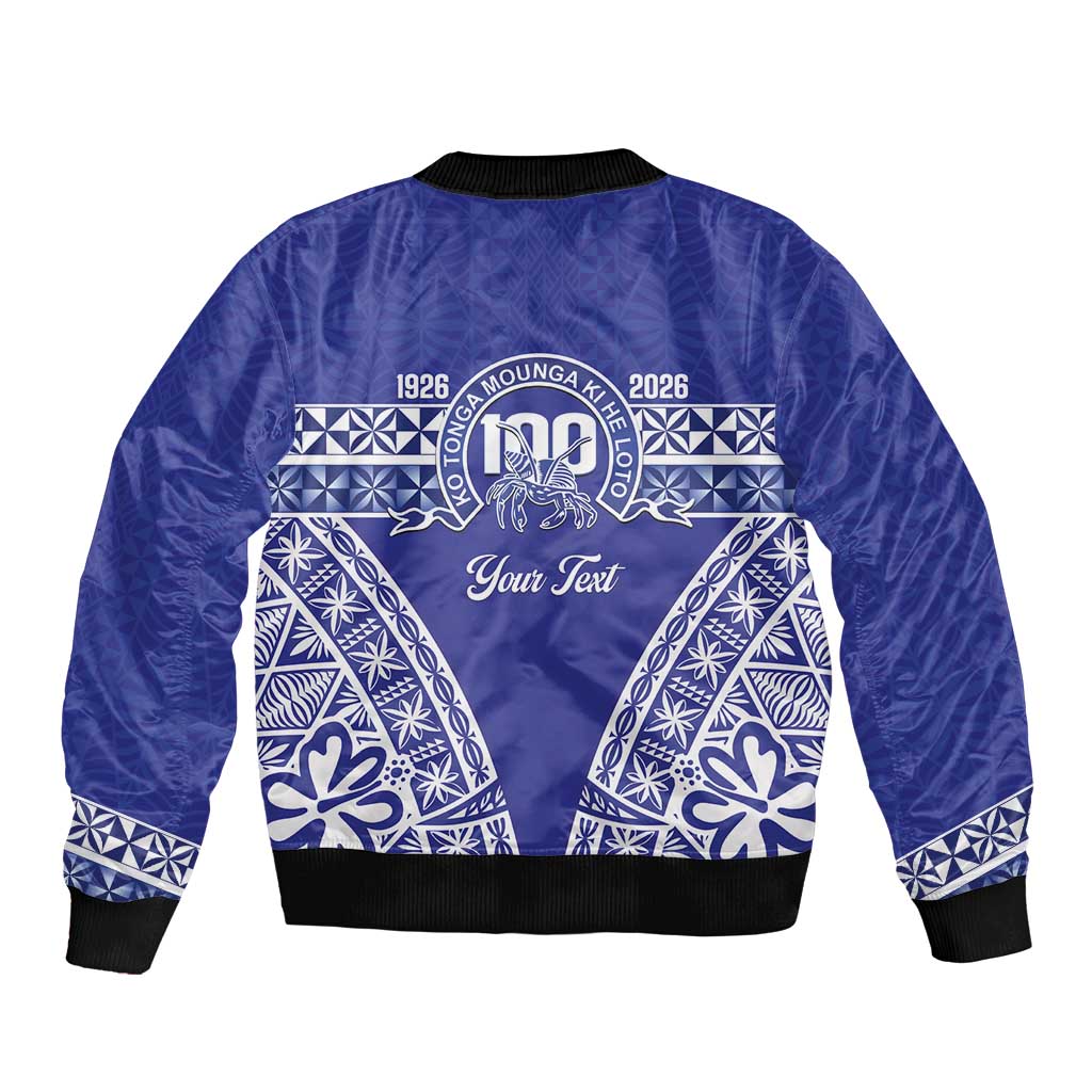 Personalised Queen Salote College Bomber Jacket Kolisi Fefine 100th Anniversary Kupesi Blue - Polynesian Pride