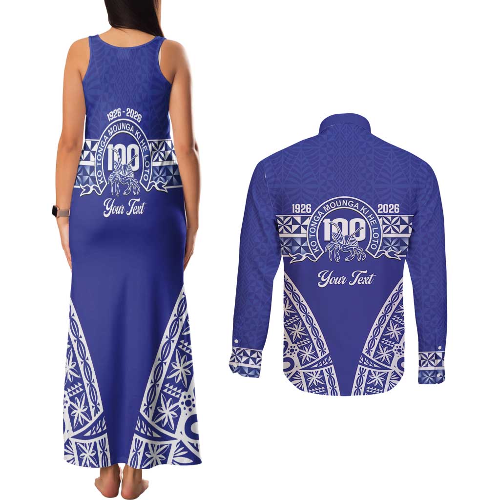 Personalised Queen Salote College Couples Matching Tank Maxi Dress and Long Sleeve Button Shirt Kolisi Fefine 100th Anniversary Kupesi Blue - Polynesian Pride