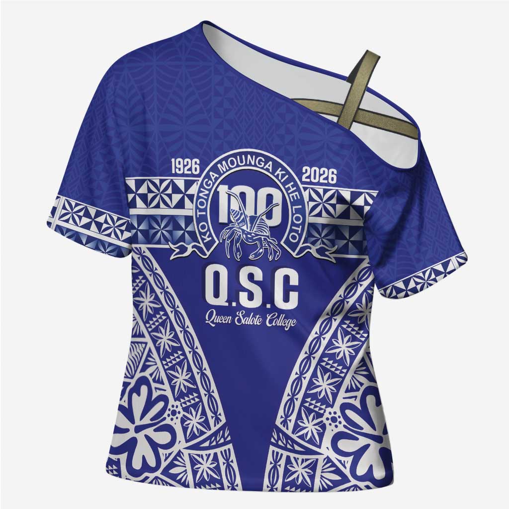 Personalised Queen Salote College Cross Shoulder Shirt Kolisi Fefine 100th Anniversary Kupesi Blue - Polynesian Pride