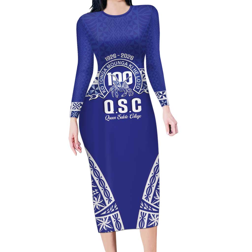 Personalised Queen Salote College Family Matching Long Sleeve Bodycon Dress and Hawaiian Shirt Kolisi Fefine 100th Anniversary Kupesi Blue - Polynesian Pride