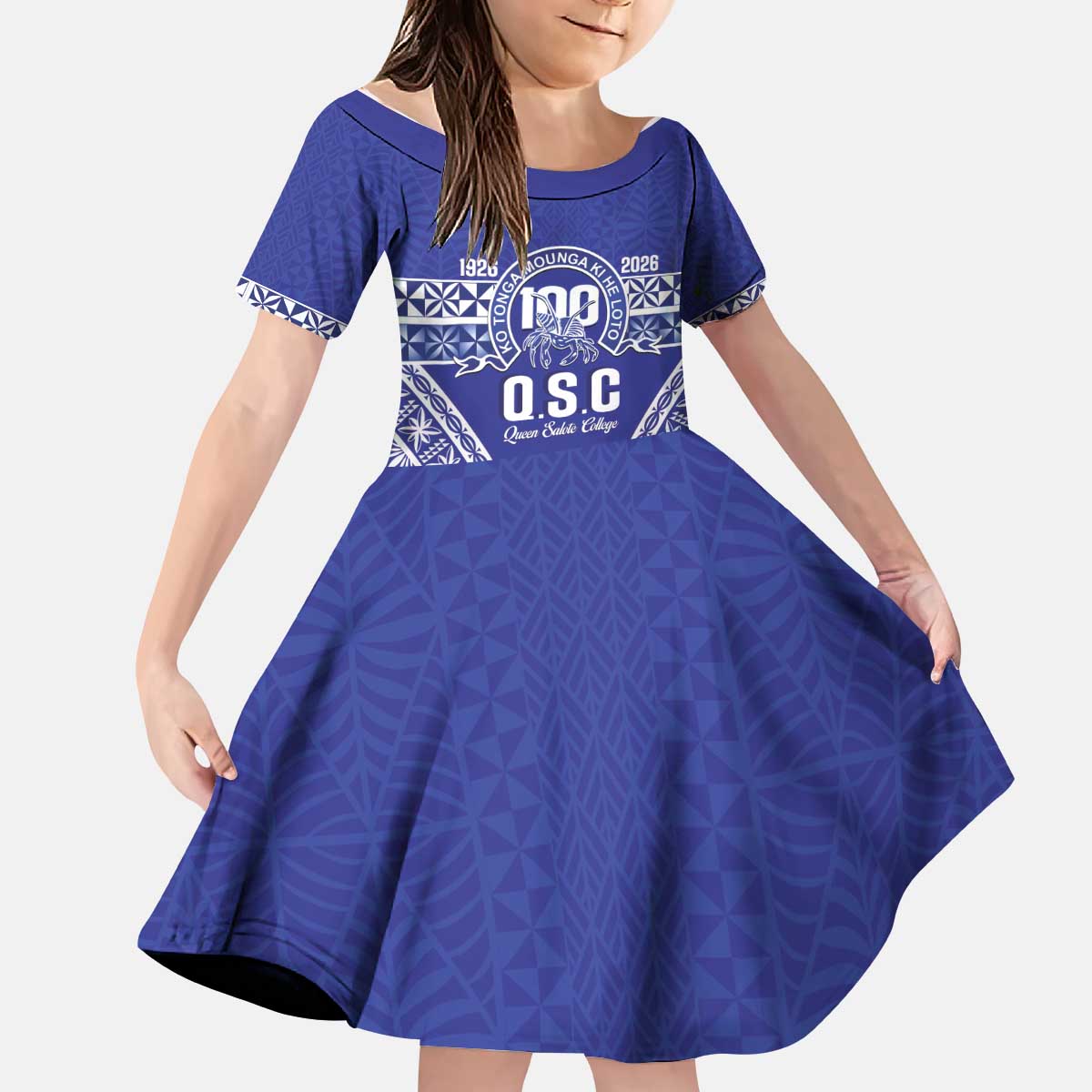 Personalised Queen Salote College Kid Short Sleeve Dress Kolisi Fefine 100th Anniversary Kupesi Blue - Polynesian Pride