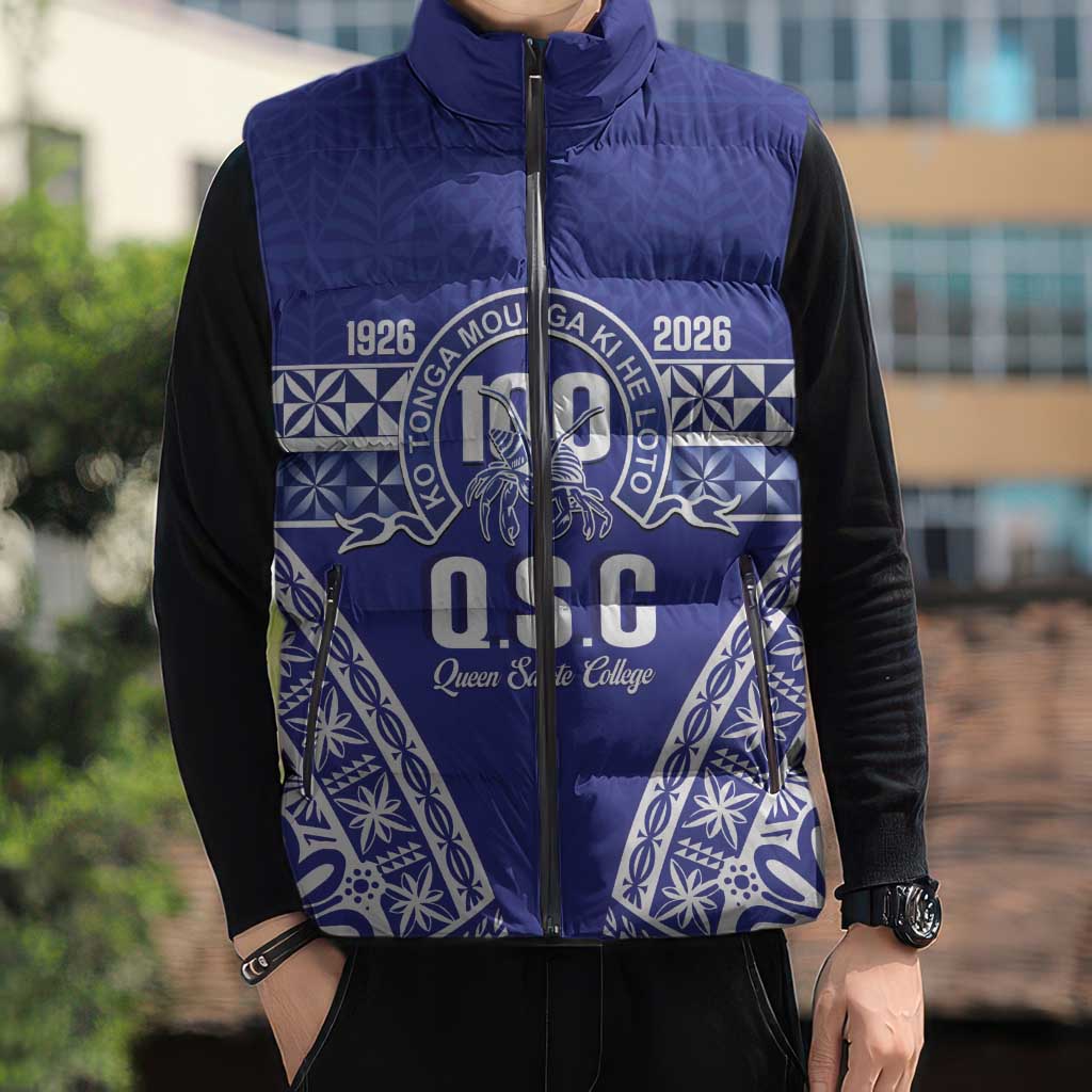 Personalised Queen Salote College Sleeveless Puffer Jacket Kolisi Fefine 100th Anniversary Kupesi Blue - Polynesian Pride