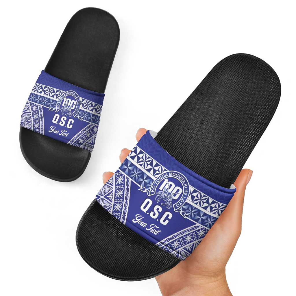 Personalised Queen Salote College Slide Sandals Kolisi Fefine 100th Anniversary Kupesi Blue - Polynesian Pride