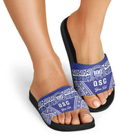 Personalised Queen Salote College Slide Sandals Kolisi Fefine 100th Anniversary Kupesi Blue - Polynesian Pride