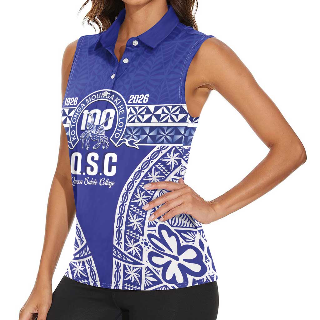 Personalised Queen Salote College Women Sleeveless Polo Shirt Kolisi Fefine 100th Anniversary Kupesi Blue - Polynesian Pride