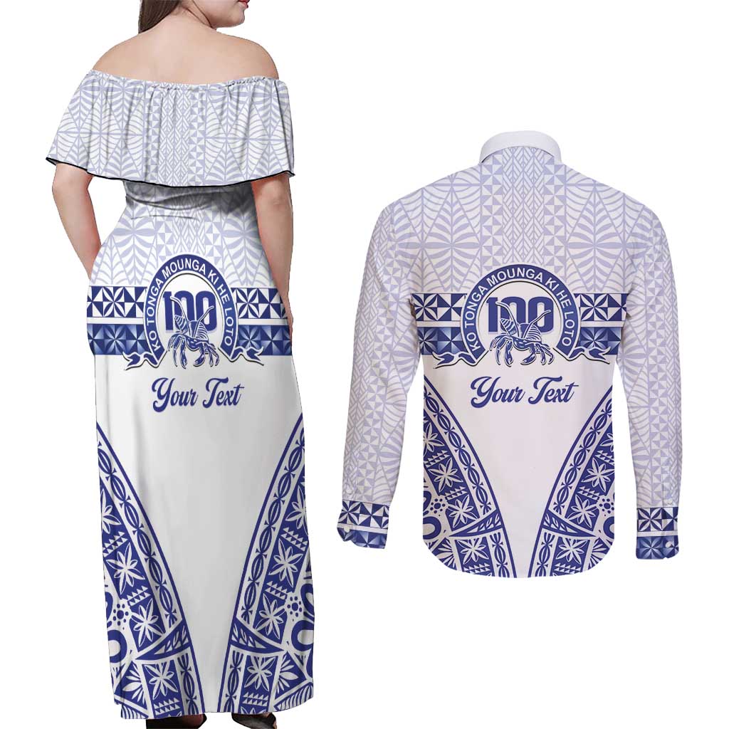 Personalised Queen Salote College Couples Matching Off Shoulder Maxi Dress and Long Sleeve Button Shirt Kolisi Fefine 100th Anniversary Kupesi White - Polynesian Pride