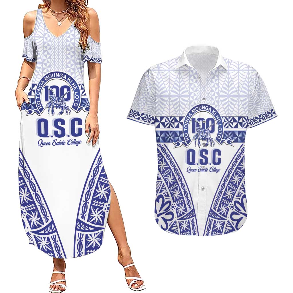 Personalised Queen Salote College Couples Matching Summer Maxi Dress and Hawaiian Shirt Kolisi Fefine 100th Anniversary Kupesi White - Polynesian Pride