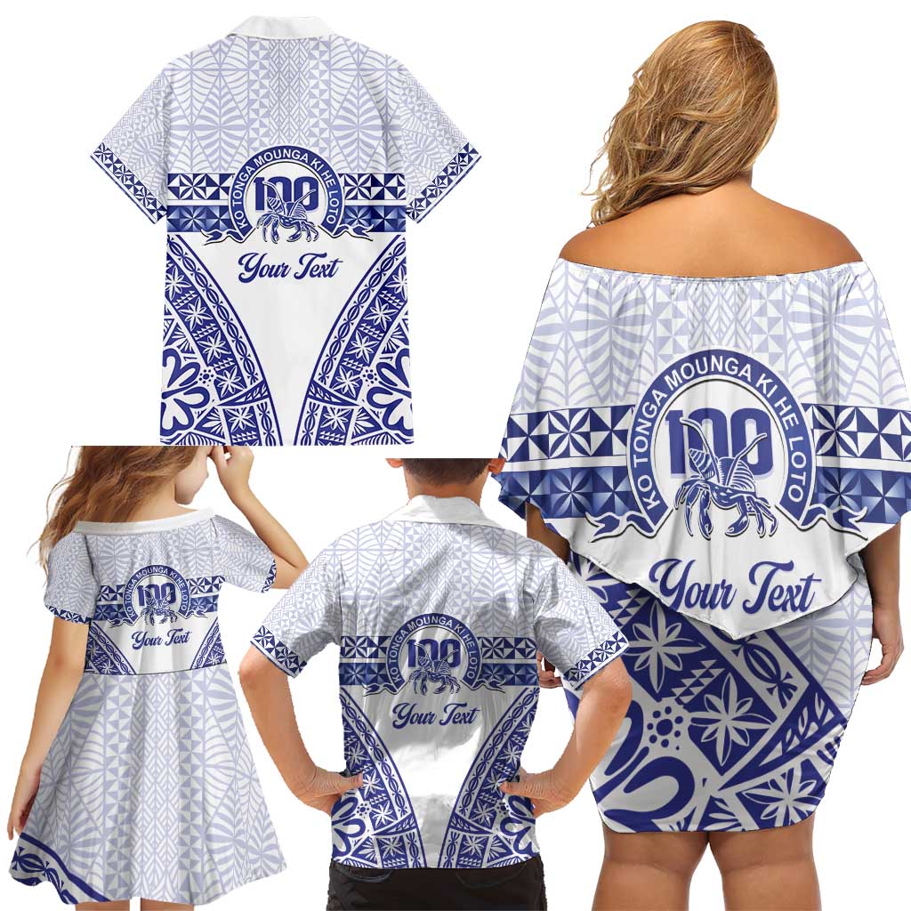 Personalised Queen Salote College Family Matching Off Shoulder Short Dress and Hawaiian Shirt Kolisi Fefine 100th Anniversary Kupesi White - Polynesian Pride