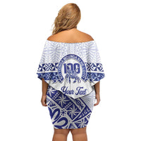 Personalised Queen Salote College Family Matching Off Shoulder Short Dress and Hawaiian Shirt Kolisi Fefine 100th Anniversary Kupesi White - Polynesian Pride