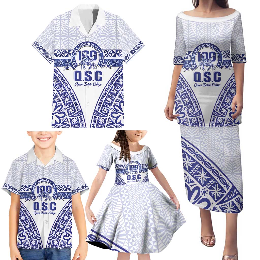 Personalised Queen Salote College Family Matching Puletasi and Hawaiian Shirt Kolisi Fefine 100th Anniversary Kupesi White - Polynesian Pride