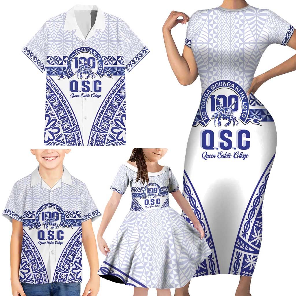 Personalised Queen Salote College Family Matching Short Sleeve Bodycon Dress and Hawaiian Shirt Kolisi Fefine 100th Anniversary Kupesi White - Polynesian Pride