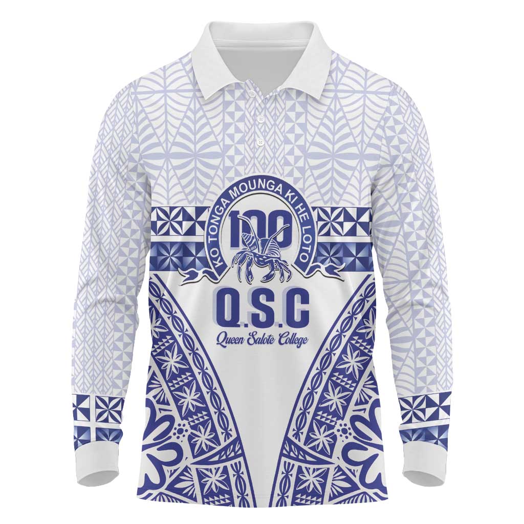Personalised Queen Salote College Long Sleeve Polo Shirt Kolisi Fefine 100th Anniversary Kupesi White - Polynesian Pride