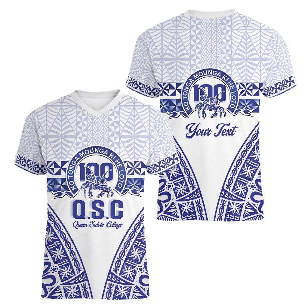 Personalised Queen Salote College Women V-Neck T-Shirt Kolisi Fefine 100th Anniversary Kupesi White - Polynesian Pride