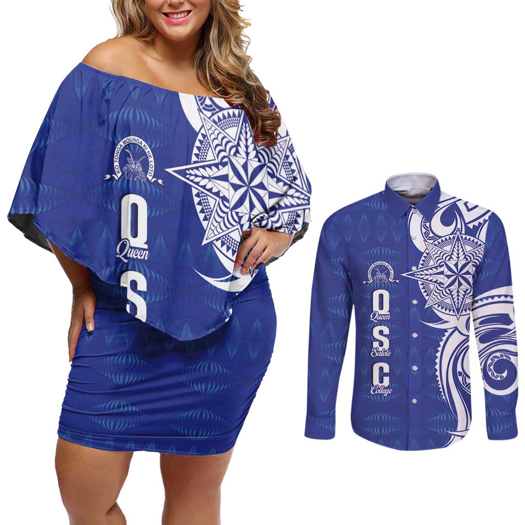 Personalised Queen Salote College Couples Matching Off Shoulder Short Dress and Long Sleeve Button Shirt QSC Est 1926 Ngatu Pattern - Polynesian Pride