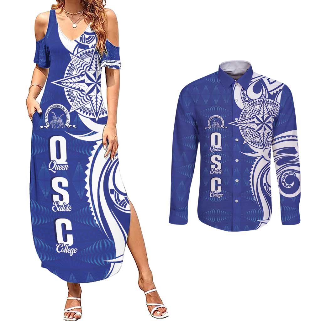 Personalised Queen Salote College Couples Matching Summer Maxi Dress and Long Sleeve Button Shirt QSC Est 1926 Ngatu Pattern - Polynesian Pride
