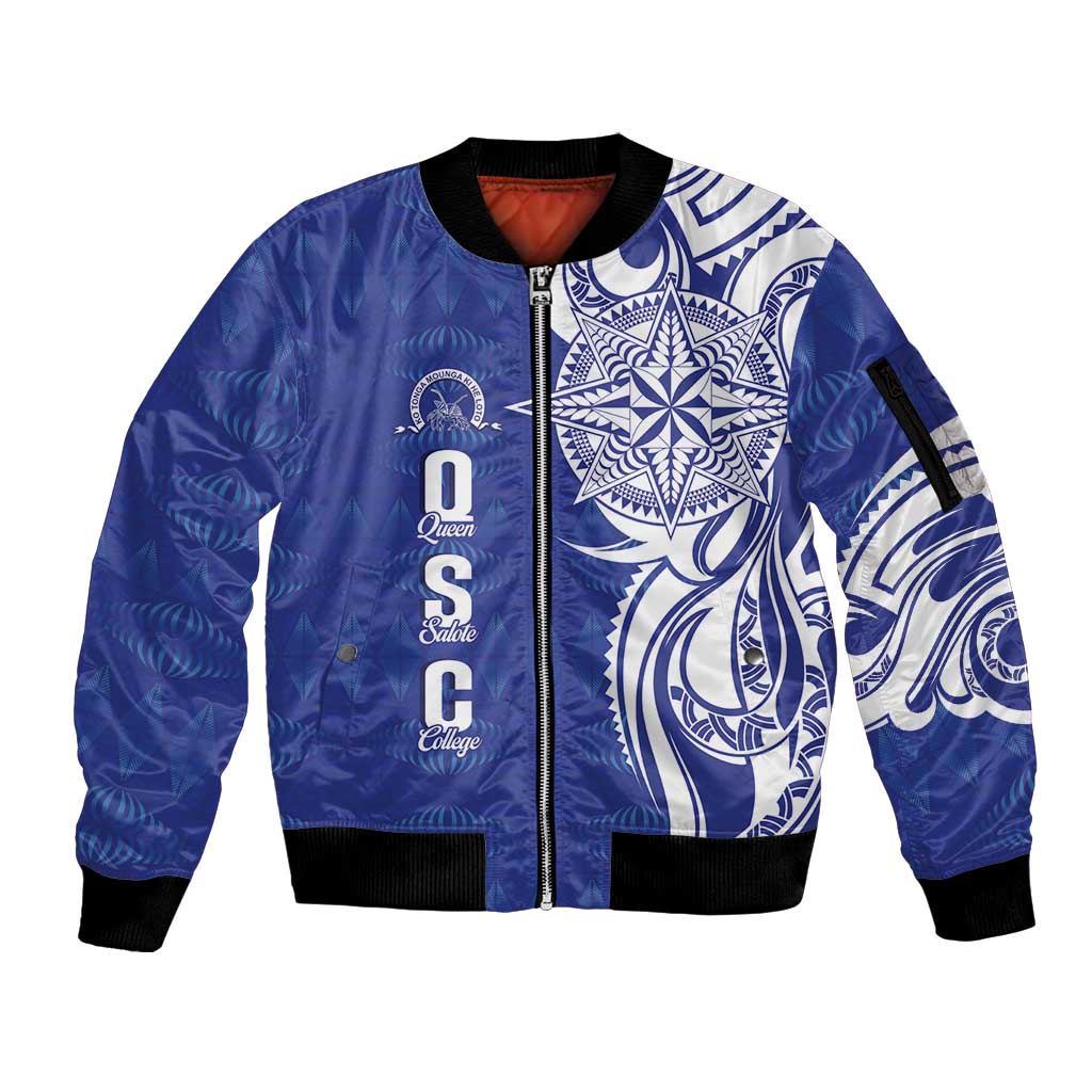 Personalised Queen Salote College Sleeve Zip Bomber Jacket QSC Est 1926 Ngatu Pattern - Polynesian Pride