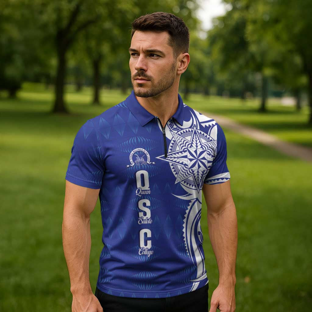 Personalised Queen Salote College Zipper Polo Shirt QSC Est 1926 Ngatu Pattern - Polynesian Pride