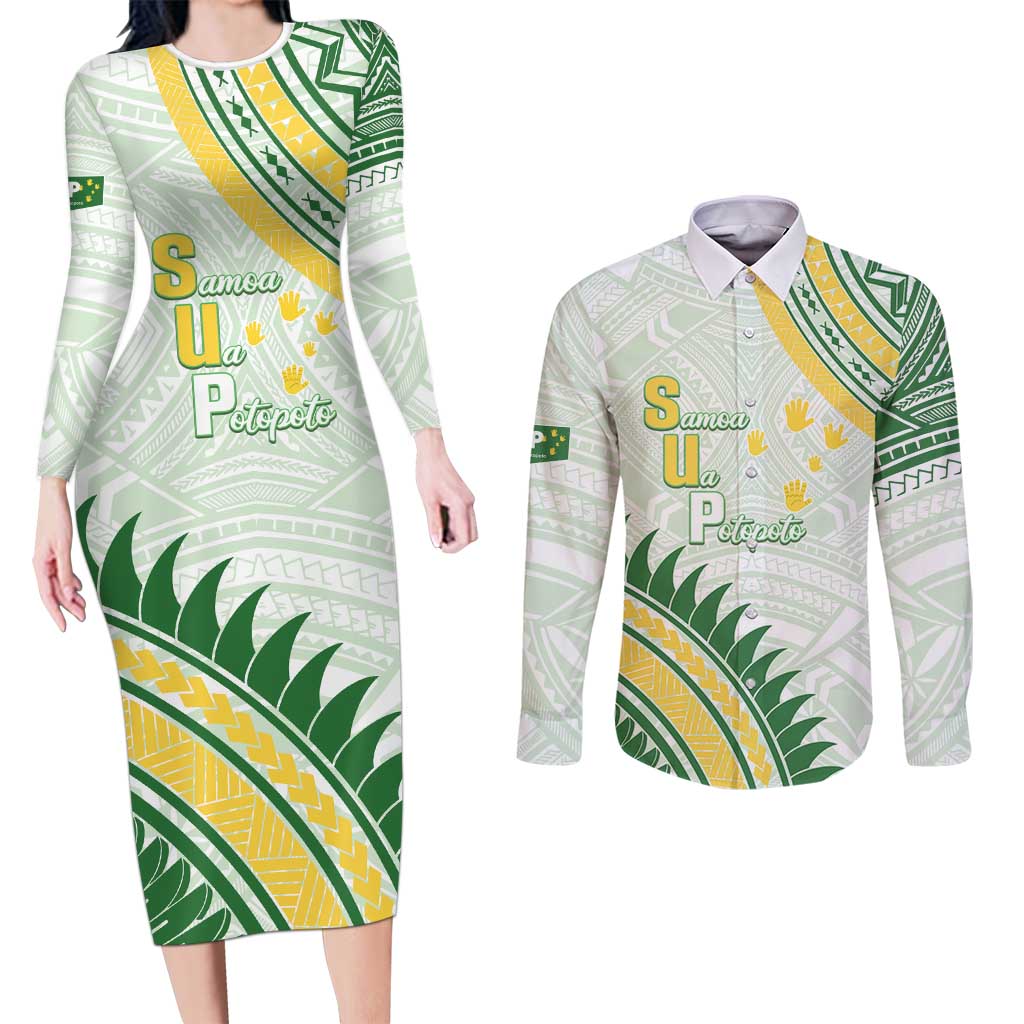 Personalised Samoa Ua Potopoto Couples Matching Long Sleeve Bodycon Dress and Long Sleeve Button Shirt SUP Est 2025 Samoan Pattern LT14 White - Polynesian Pride