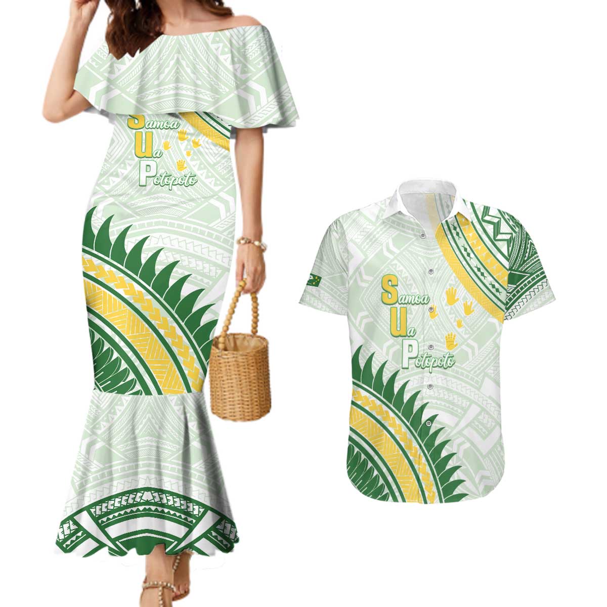 Personalised Samoa Ua Potopoto Couples Matching Mermaid Dress and Hawaiian Shirt SUP Est 2025 Samoan Pattern - Polynesian Pride